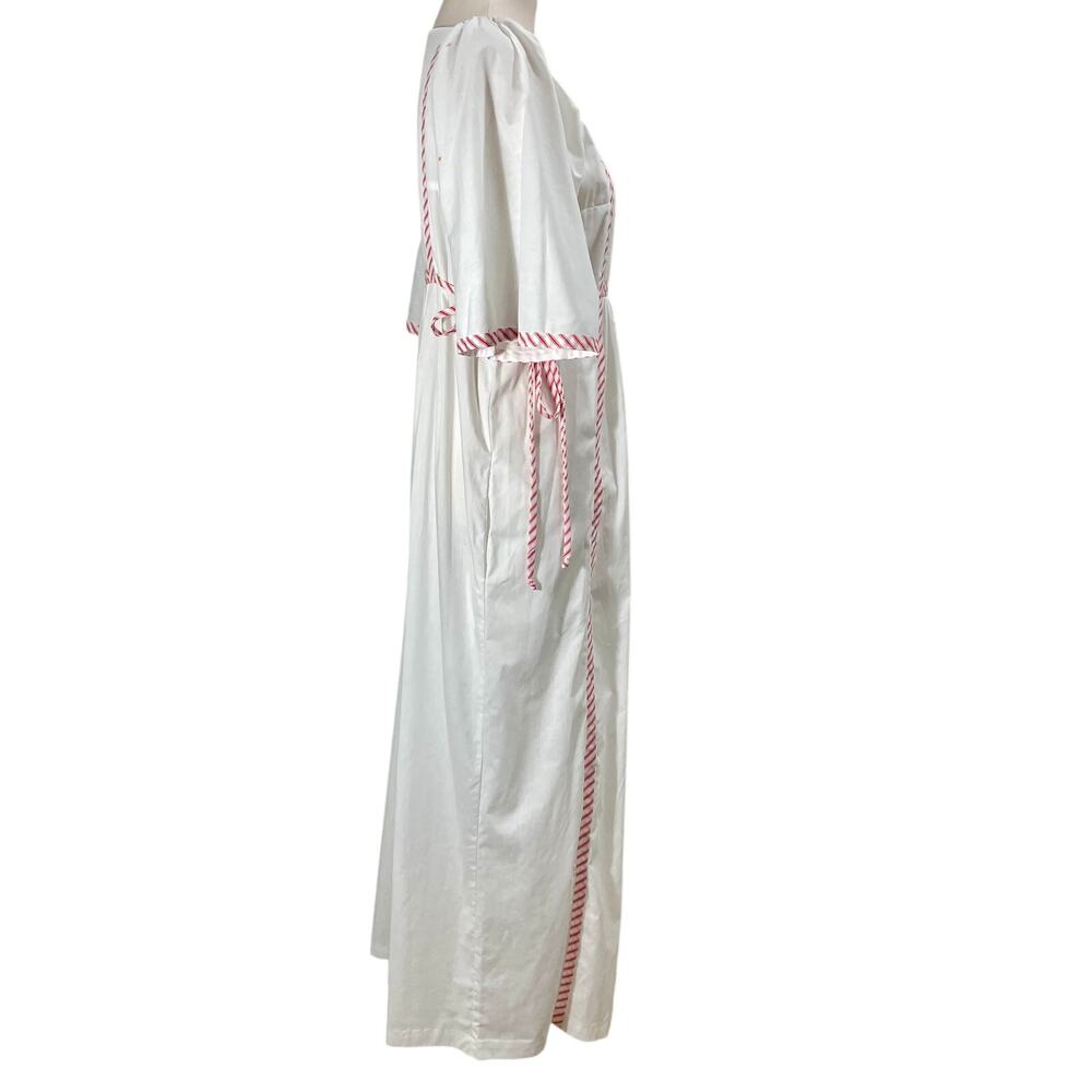 Vintage 70s Peasant House Dress Retro Rose White/Red Striped Trim Medium USA - Picture 2 of 12